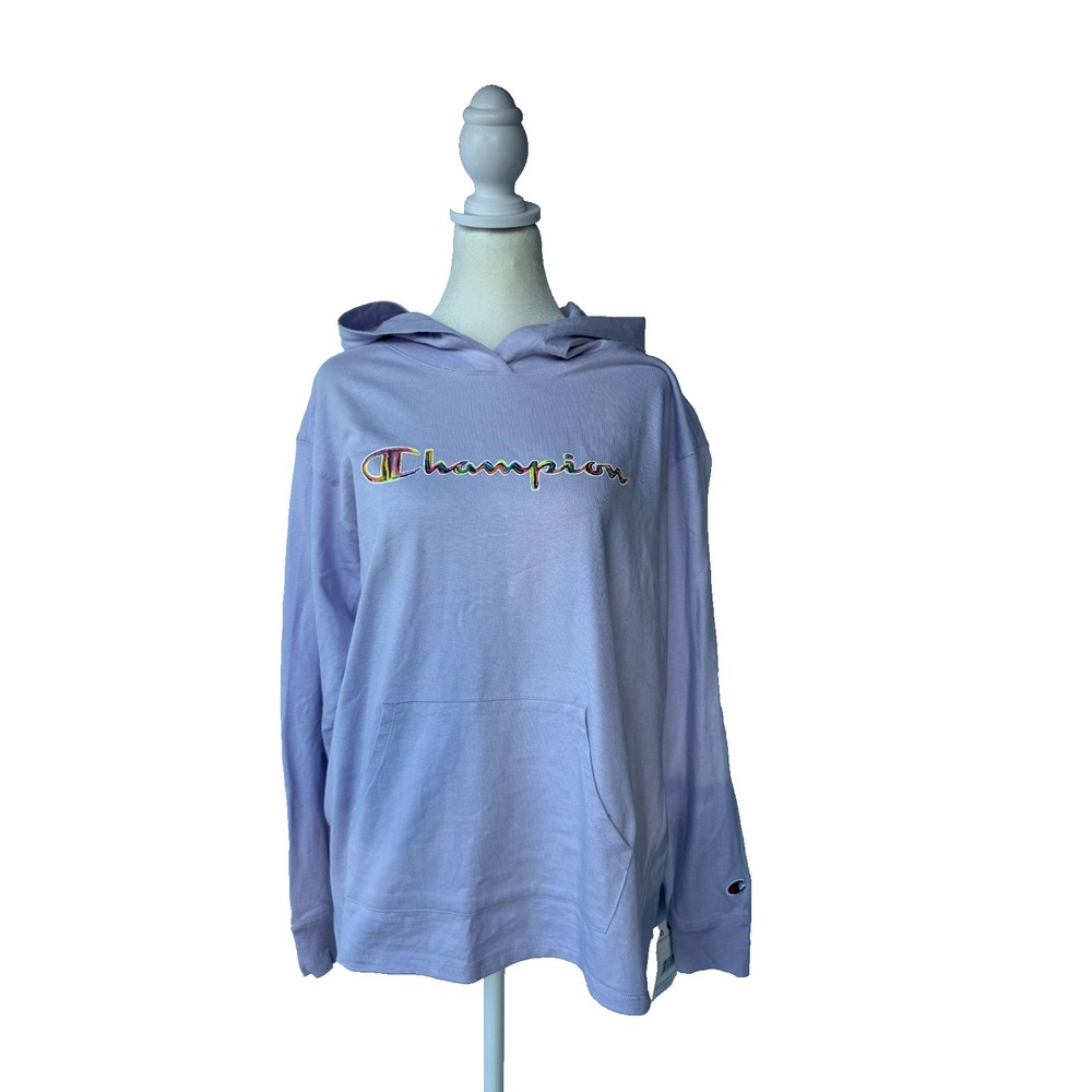Champion Hoodie Pastel Purple Women‎ M Rainbow Script Logo Y2K Casual Athleisure